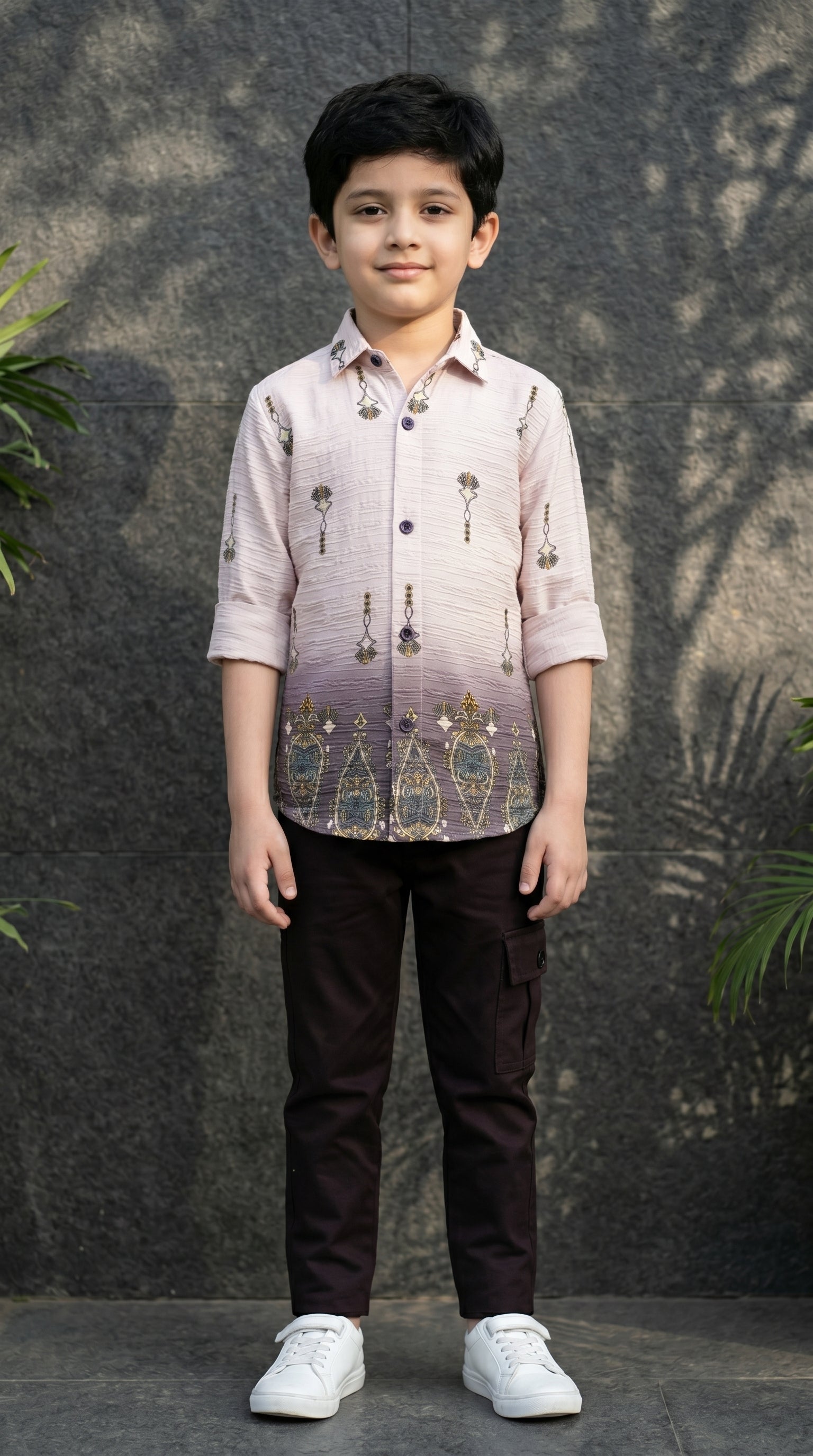 Ahhaaaa Boys Textured Ombre Drop Motif Shirt & Cargo Pant Set - Brown, Green, Pink (2-8 Years)