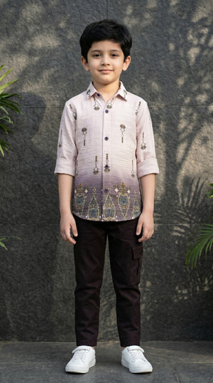 Ahhaaaa Boys Textured Ombre Drop Motif Shirt & Cargo Pant Set - Brown, Green, Pink (2-8 Years)