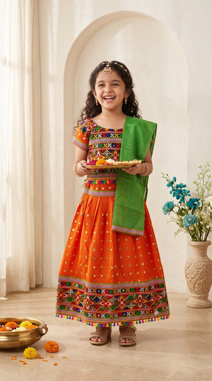 Ahhaaaa Girls' Traditional Dandiya Print Chaniya Choli | Festive Lehenga Blouse & Draped Dupatta 3-Piece Set