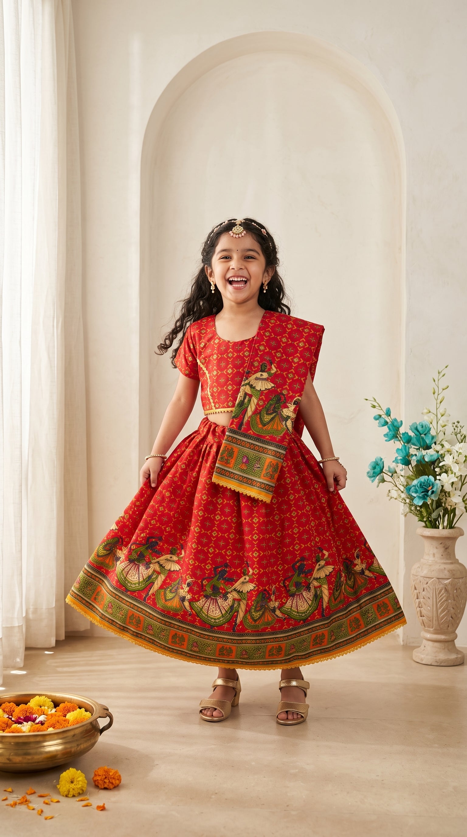 Ahhaaaa Girls' Traditional Dandiya Print Chaniya Choli | Festive Lehenga Blouse & Draped Dupatta 3-Piece Set