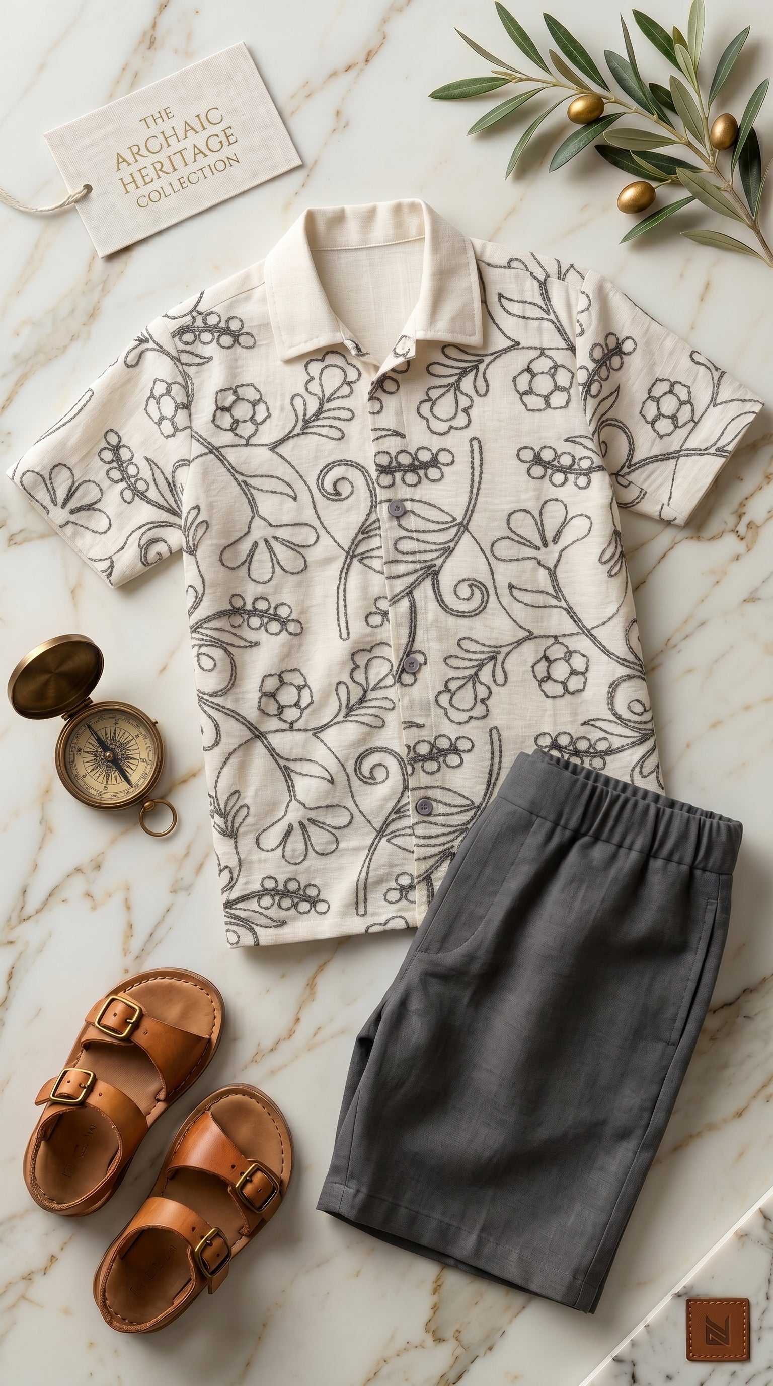 Ahhaaaa Boys 2-Piece Embroidered Floral Vine Co-ord Set - Brown, Green, Grey (2-12 Years)