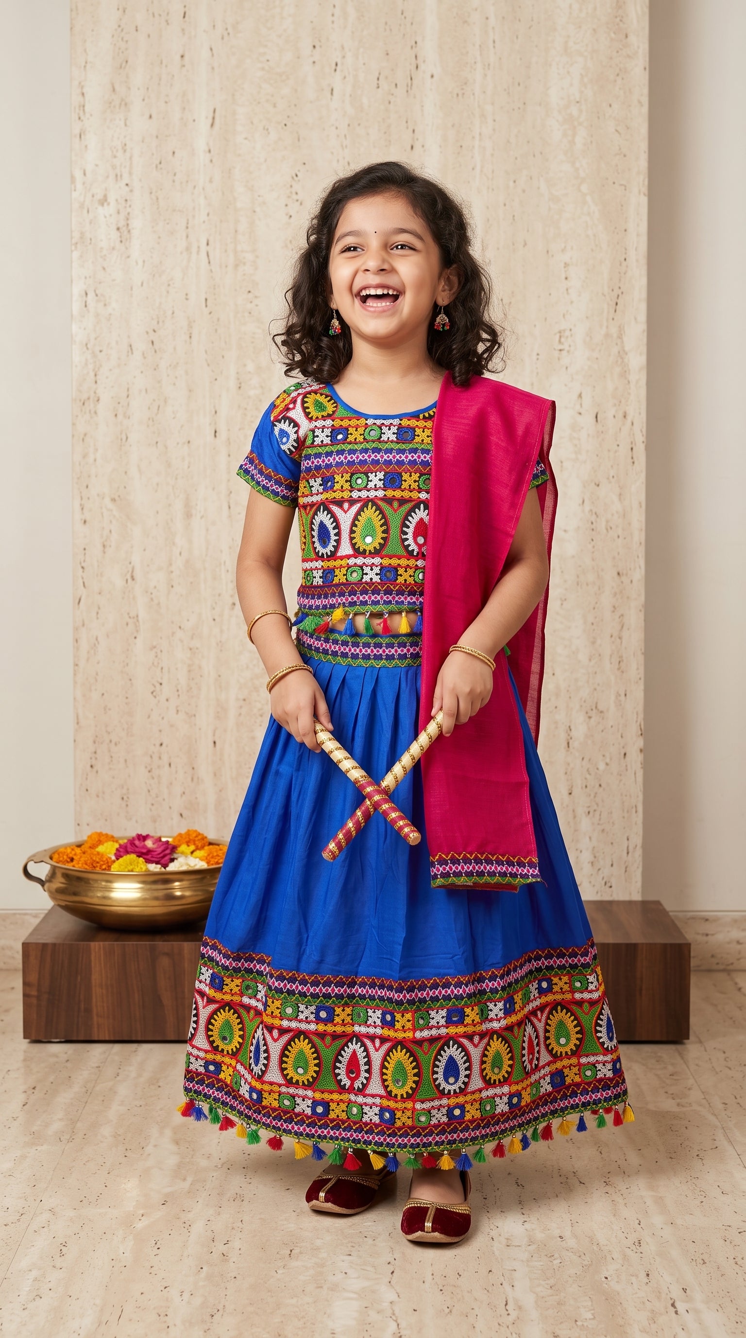 Ahhaaaa Girls' Traditional Embroidered Navratri Chaniya Choli | Festive Lehenga Blouse & Dupatta 3-Piece Set