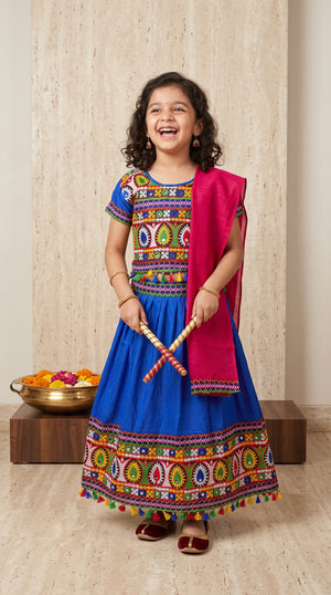 Ahhaaaa Girls' Traditional Embroidered Navratri Chaniya Choli | Festive Lehenga Blouse & Dupatta 3-Piece Set