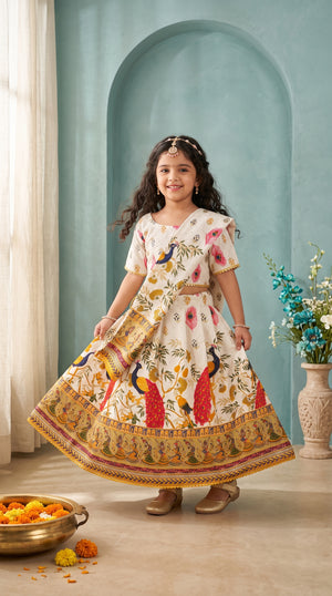 Ahhaaaa Girls' Peacock Kalamkari Print Chaniya Choli | Festive Lehenga Blouse & Draped Dupatta 3-Piece Set