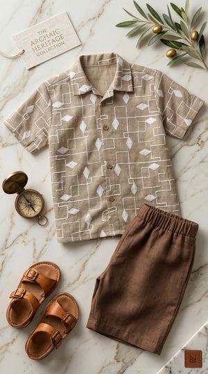 Ahhaaaa Boys 2-Piece Geometric Line-Art Co-ord Set - Brown, Green, Grey (2-12 Years)