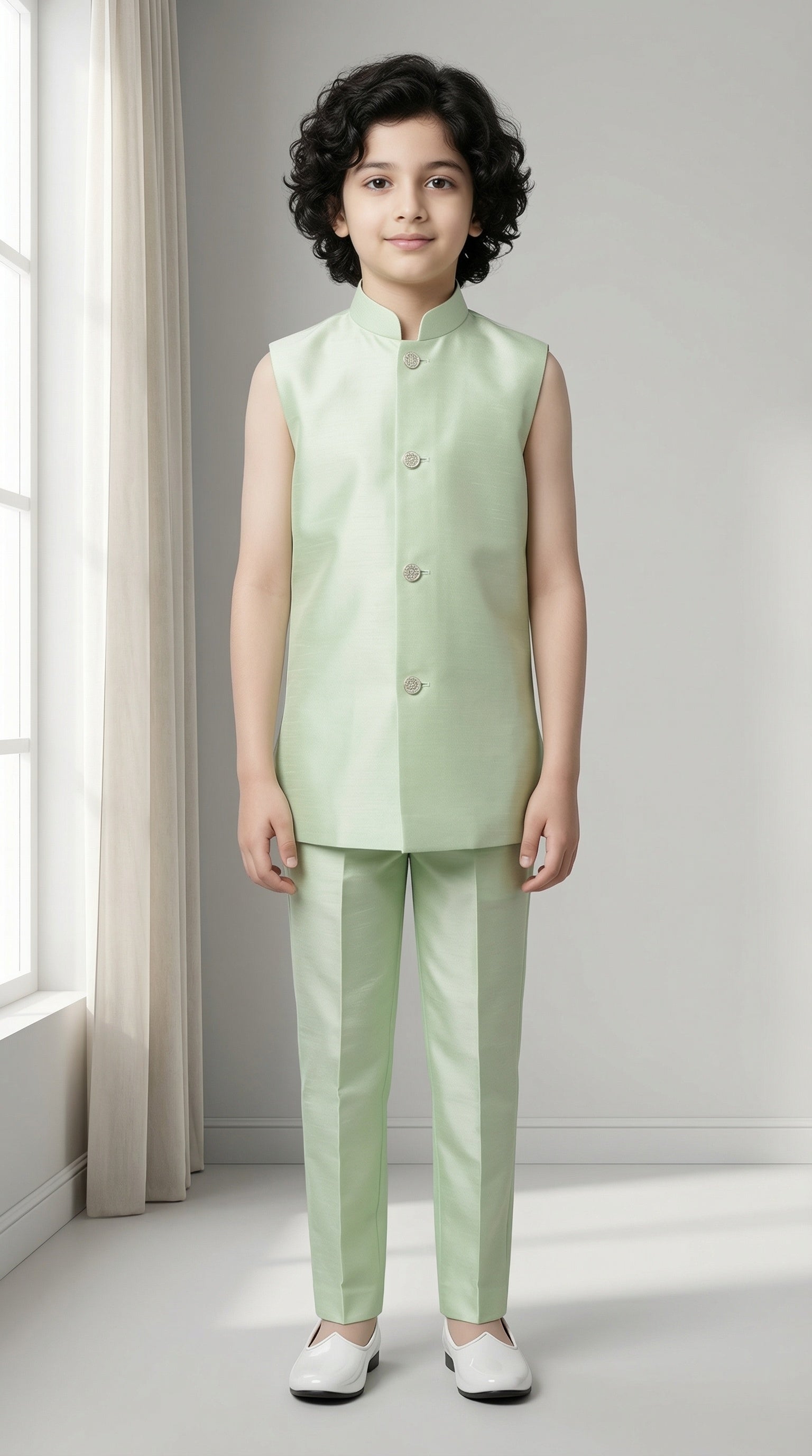 Ahhaaaa Boys' Royal Ethnic Printed Blazer with Sleeveless Kurta, Trouser & Maala Set (2-10 Years)