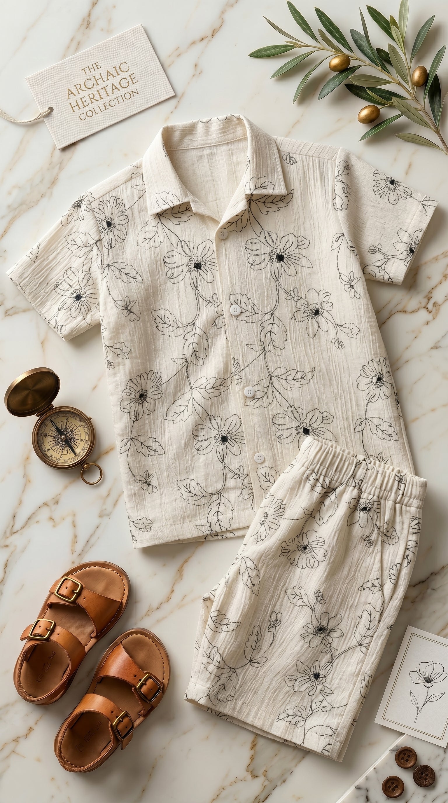 Ahhaaaa Boys 2-Piece Botanical Line-Art Co-ord Set - Shirt & Shorts (Green, Grey, Purple)