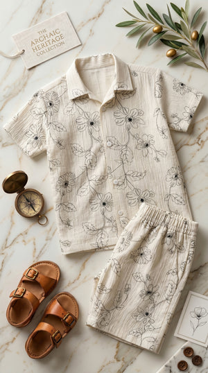 Ahhaaaa Boys 2-Piece Botanical Line-Art Co-ord Set - Shirt & Shorts (Green, Grey, Purple)