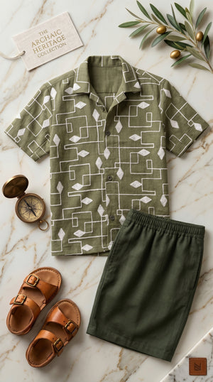 Ahhaaaa Boys 2-Piece Geometric Line-Art Co-ord Set - Brown, Green, Grey (2-12 Years)