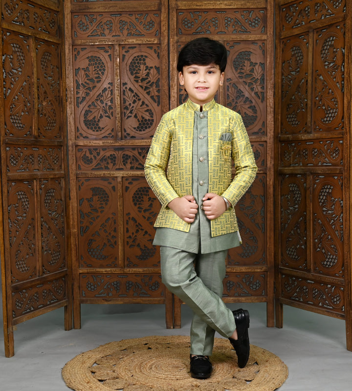 AHHAAAA Kids' Embroidered Jacquard Silk Sherwani – Boys' Wedding Sherwani Set with Festive Ethnic Prints |575|