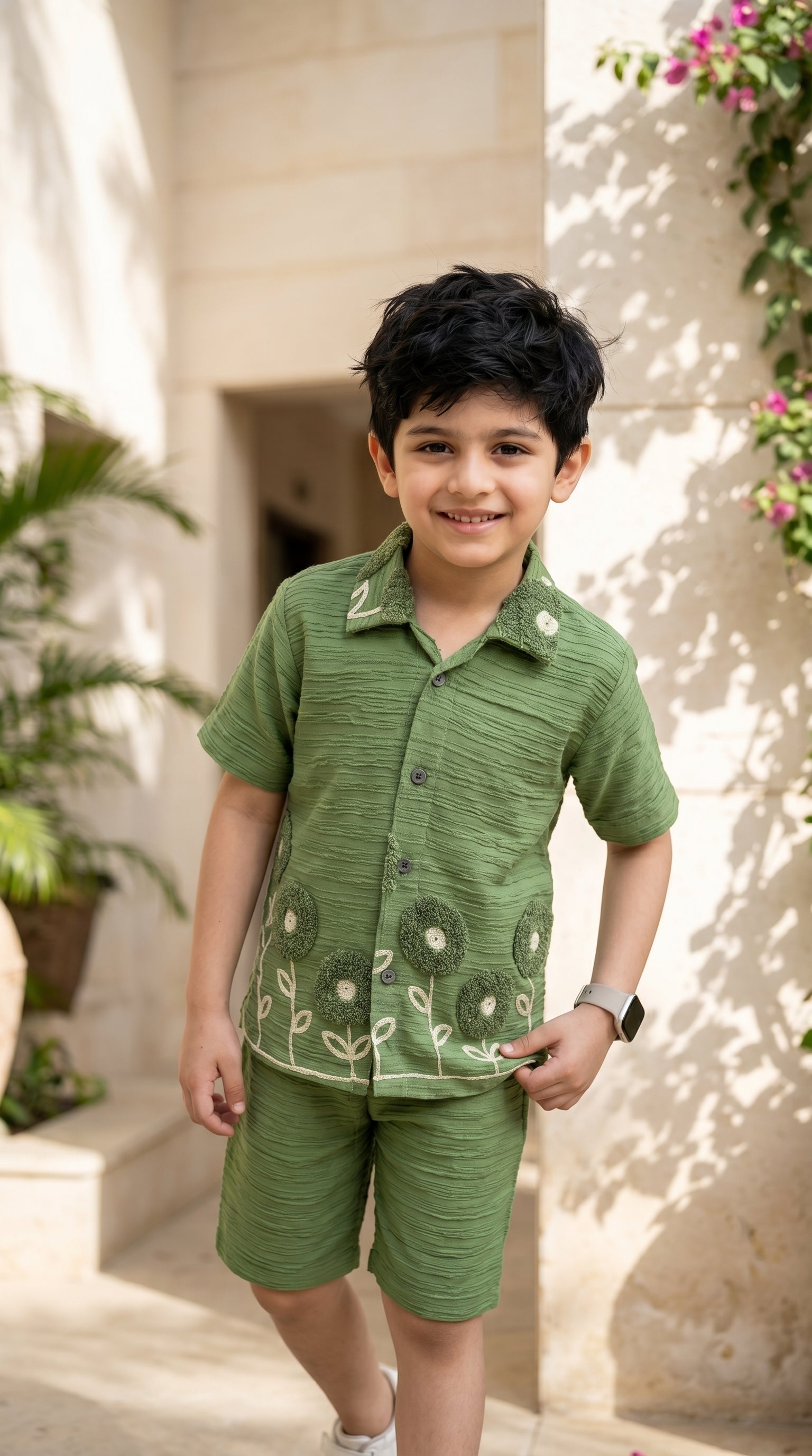 Ahhaaaa Boys Textured Co-ord Set with 3D Floral Embroidery - Shirt & Shorts (Brown, Green, Pink)