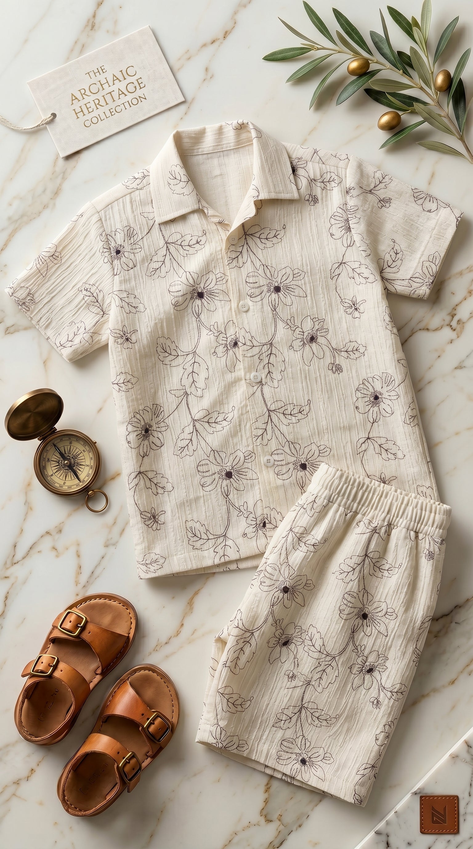Ahhaaaa Boys 2-Piece Botanical Line-Art Co-ord Set - Shirt & Shorts (Green, Grey, Purple)