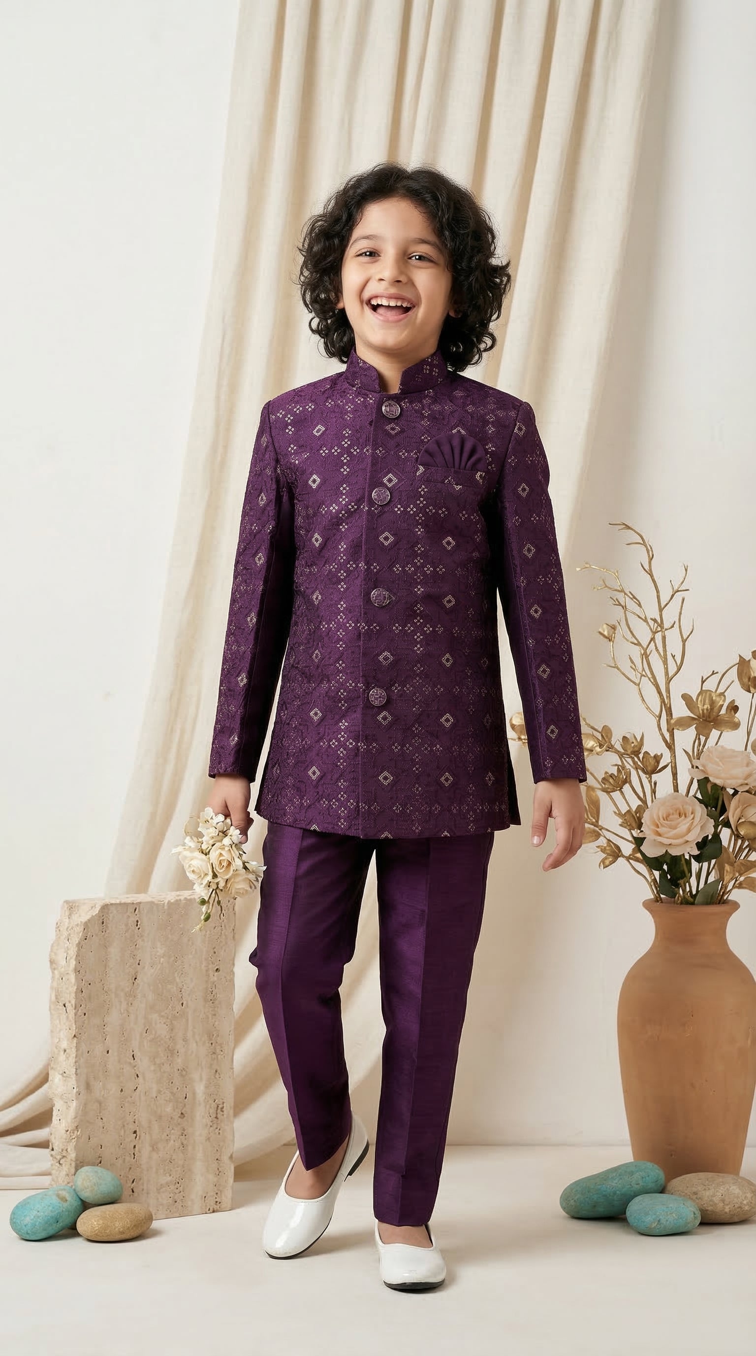 Ahhaaaa Boys Designer Jodhpuri Bandhgala Suit Set - Wine, Pink, Cream (2-11 Years)