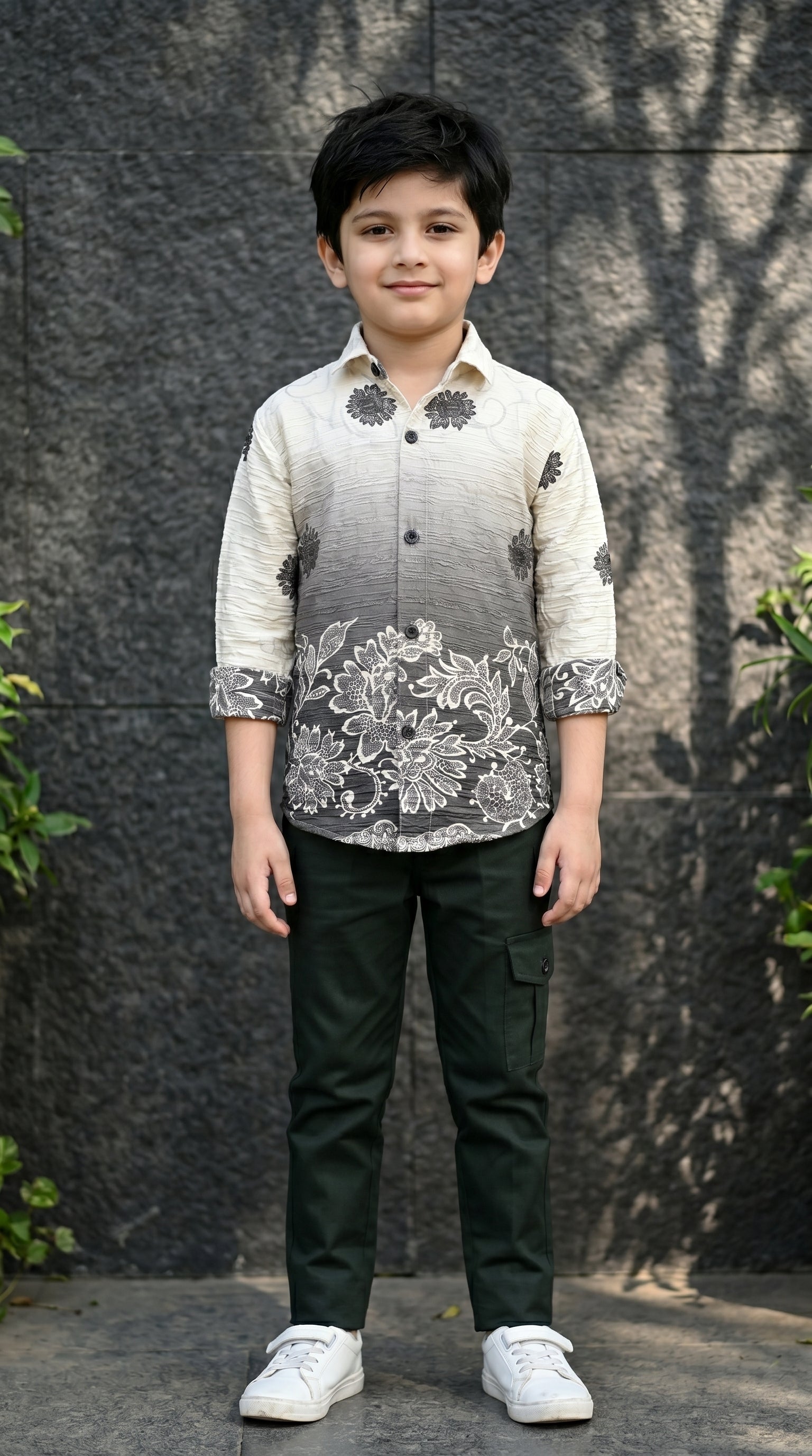 Ahhaaaa Boys Designer Textured Ombre Floral Shirt & Cargo Pant Set - Blue, Grey, Purple (2-8 Years)