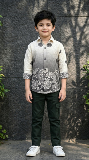 Ahhaaaa Boys Designer Textured Ombre Floral Shirt & Cargo Pant Set - Blue, Grey, Purple (2-8 Years)