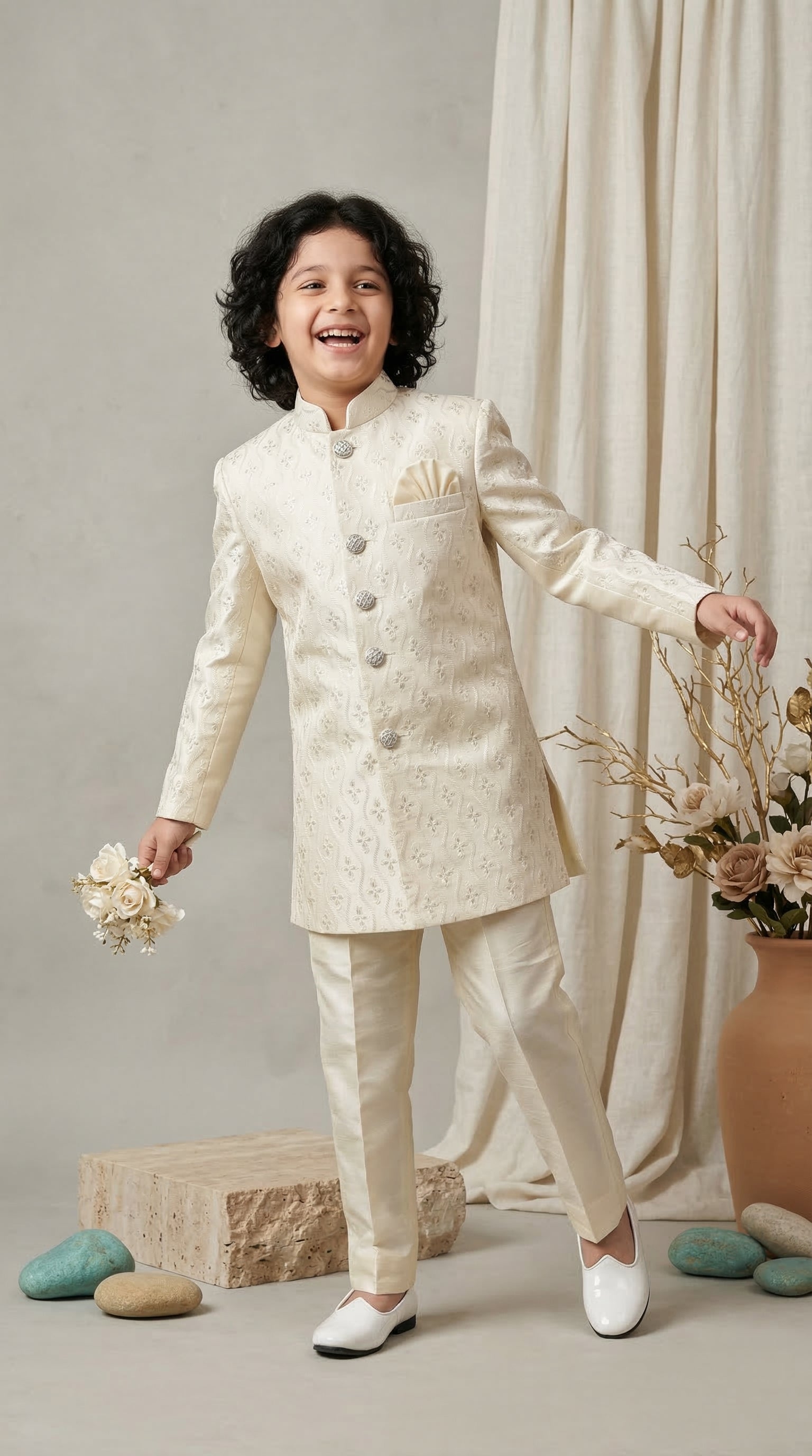 Ahhaaaa Boys Designer Jodhpuri Bandhgala Suit Set - Green, Pink, Cream (2-11 Years)