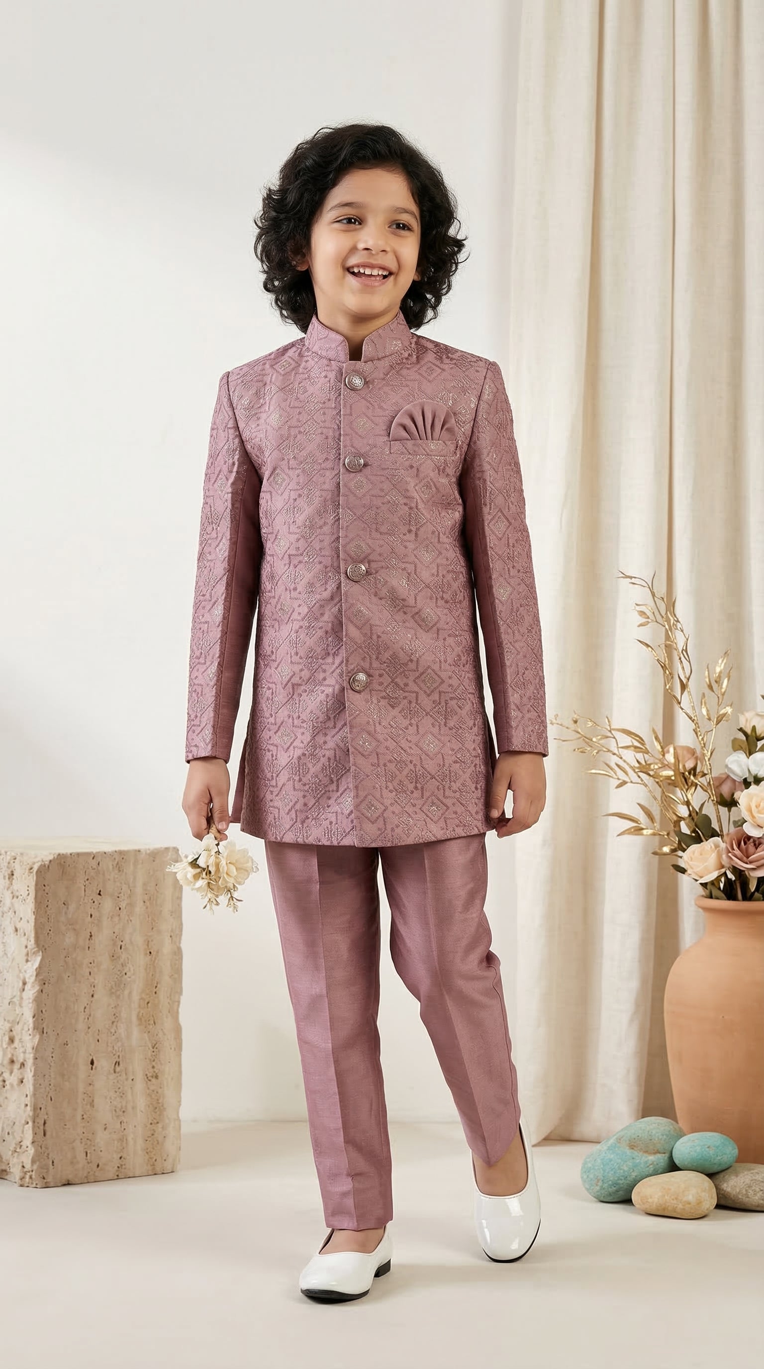 Ahhaaaa Boys Designer Jodhpuri Bandhgala Suit Set - Wine, Pink, Cream (2-11 Years)