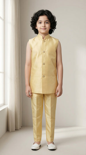 Ahhaaaa Boys' Royal Ethnic Printed Blazer with Sleeveless Kurta, Trouser & Maala Set (2-10 Years)