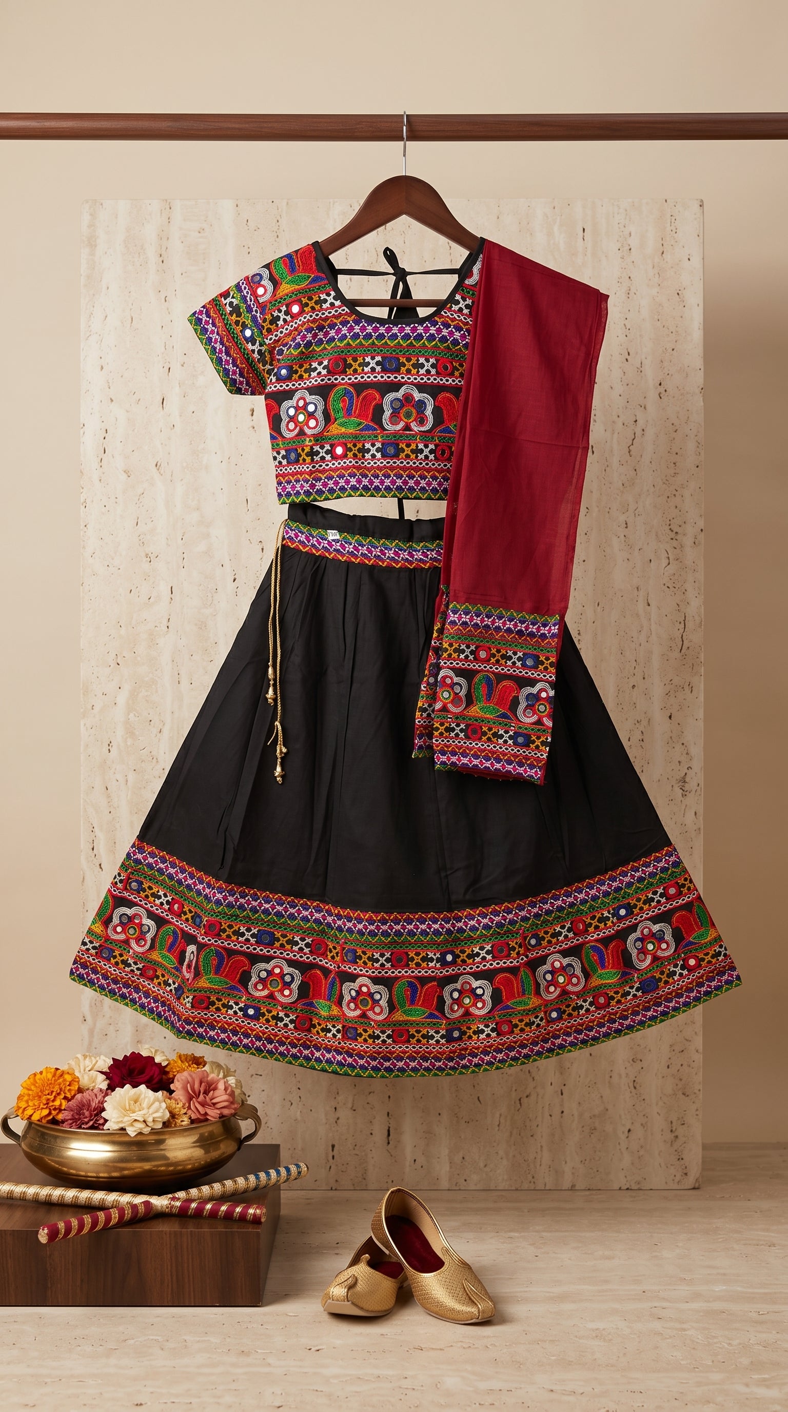 Ahhaaaa Girls' Traditional Embroidered Navratri Chaniya Choli | Festive Lehenga Blouse & Dupatta 3-Piece Set