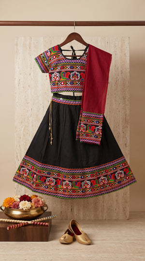 Ahhaaaa Girls' Traditional Embroidered Navratri Chaniya Choli | Festive Lehenga Blouse & Dupatta 3-Piece Set
