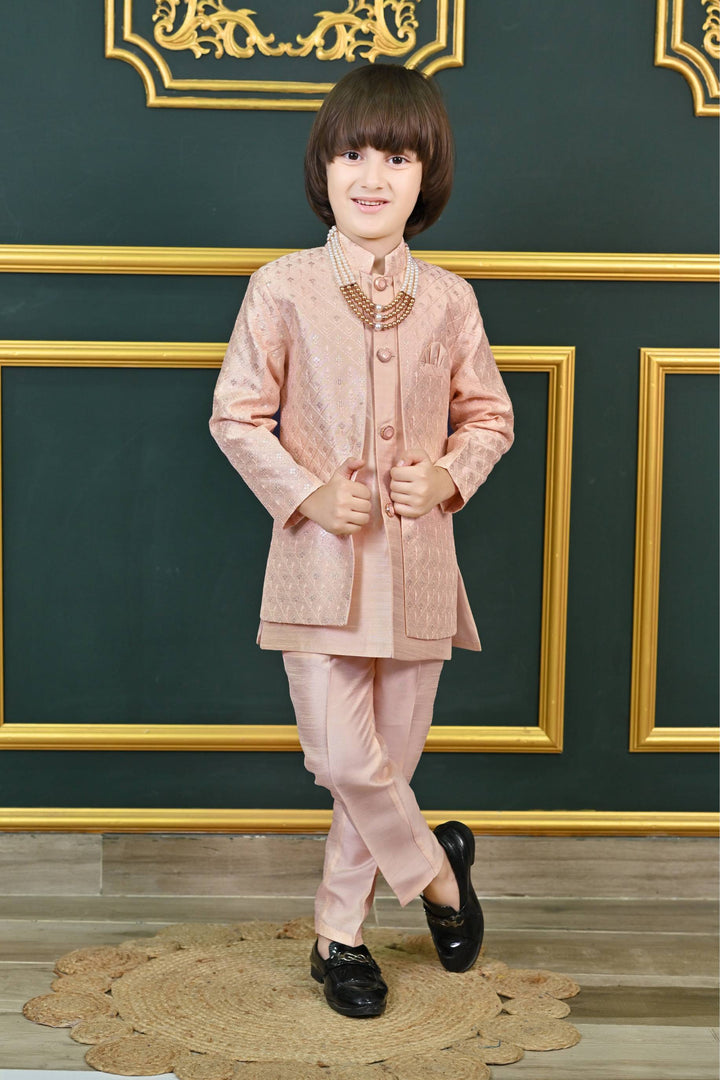 Ahhaaaa Kids Ethnic Jacquard Sequin Embellished Indo-Western Sherwani Set with Maala for Boys