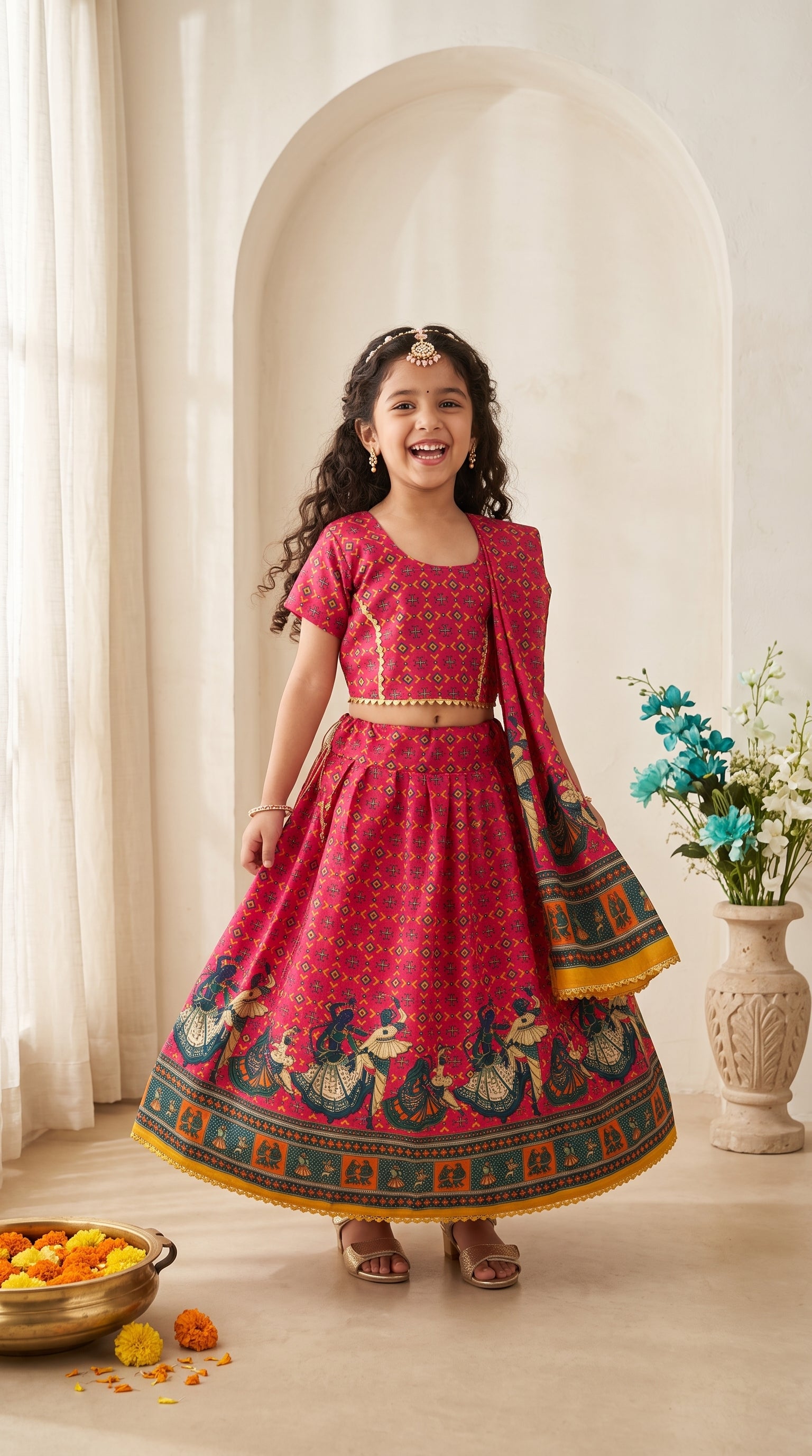 Ahhaaaa Girls' Traditional Dandiya Print Chaniya Choli | Festive Lehenga Blouse & Draped Dupatta 3-Piece Set