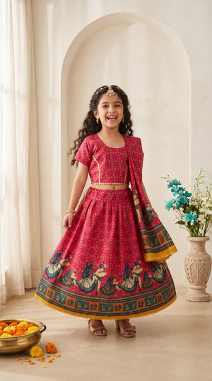 Ahhaaaa Girls' Traditional Dandiya Print Chaniya Choli | Festive Lehenga Blouse & Draped Dupatta 3-Piece Set