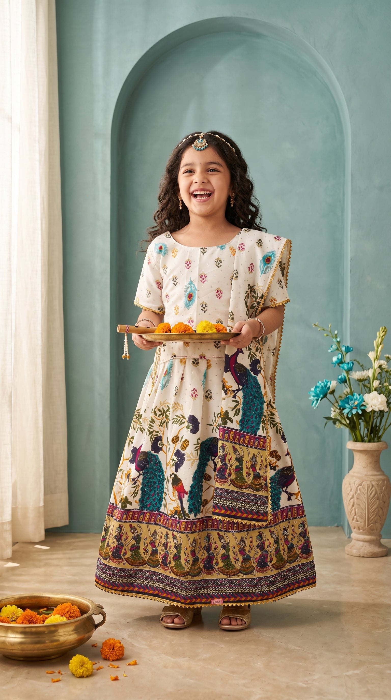 Ahhaaaa Girls' Peacock Kalamkari Print Chaniya Choli | Festive Lehenga Blouse & Draped Dupatta 3-Piece Set