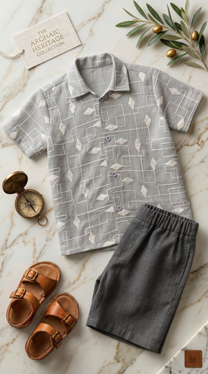 Ahhaaaa Boys 2-Piece Geometric Line-Art Co-ord Set - Brown, Green, Grey (2-12 Years)