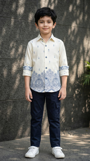 Ahhaaaa Boys Designer Paisley Print Shirt & Cargo Pant Set - Blue, Brown, Pink (2-8 Years)