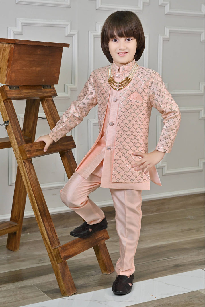 Ahhaaaa Kids Ethnic Jacquard Silk Sequin Printed Indo-Western Sherwani Set with Maala for Boys Pink