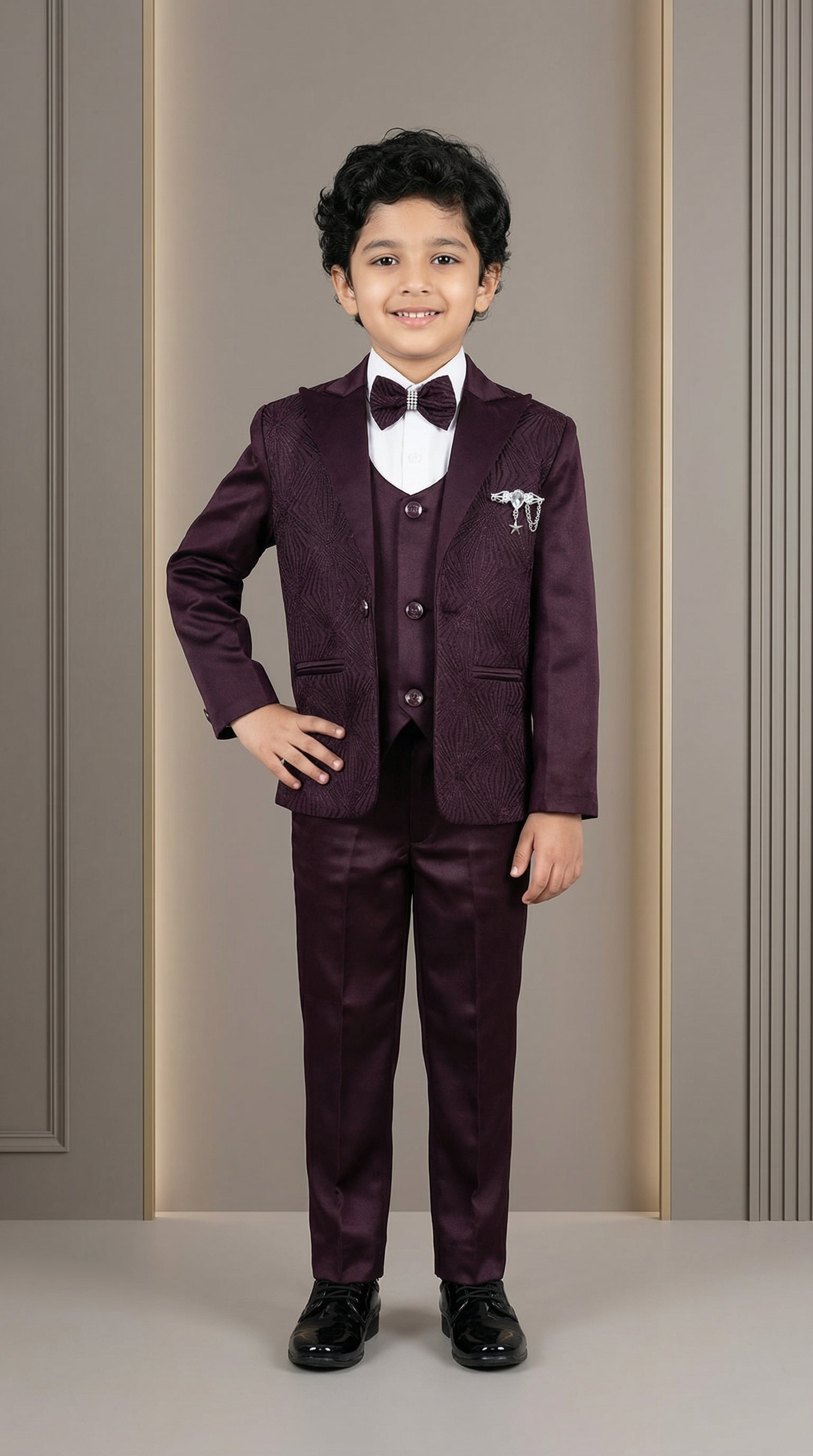 Ahhaaaa Boys Luxury 3-Piece Textured Coat Suit Set (Available in Wine, Black, Navy)
