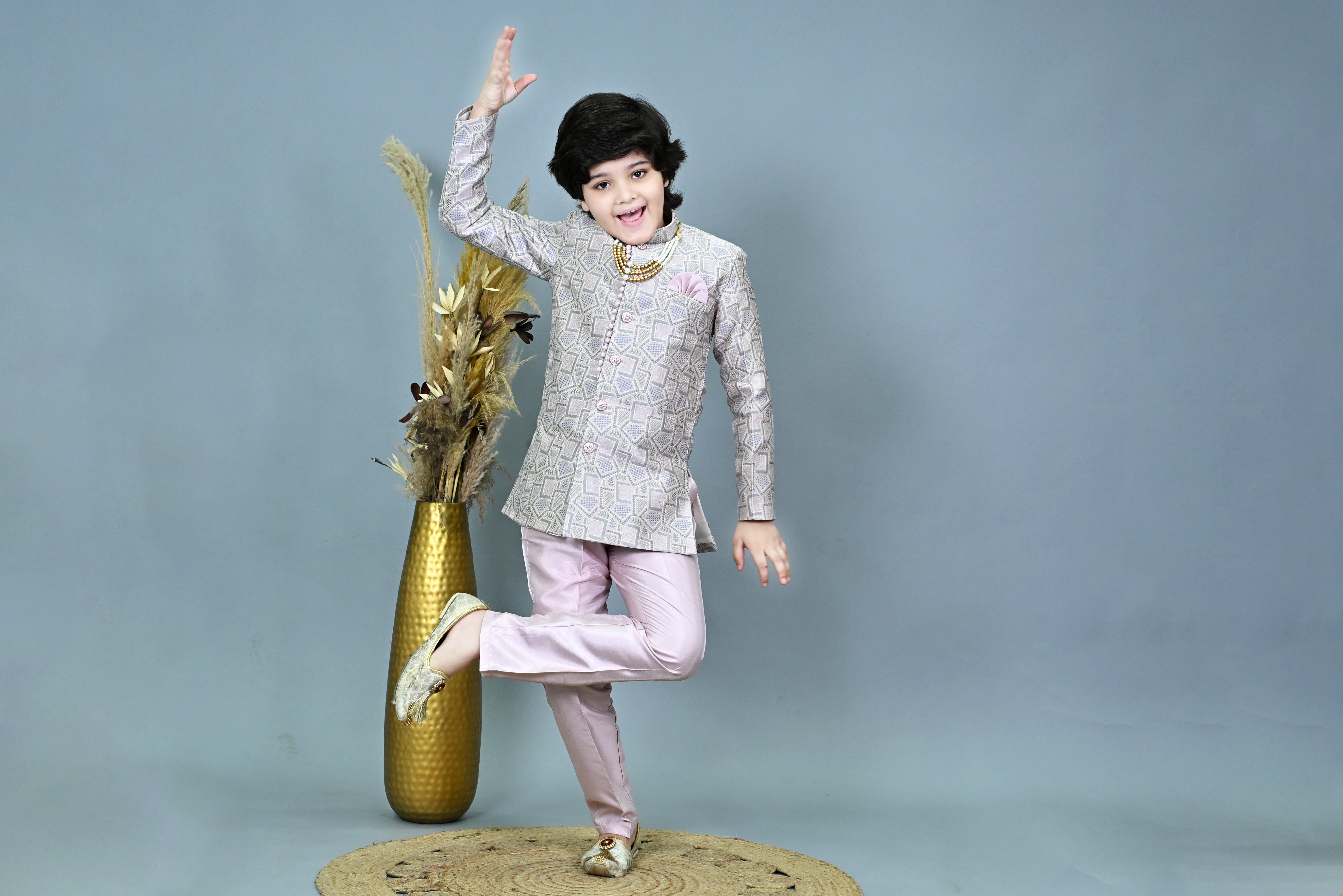 Ahhaaaa Boys Printed Jacquard Indo Western Sherwani Set Jodhpuri Suit Style Kurta Pyjama for kids