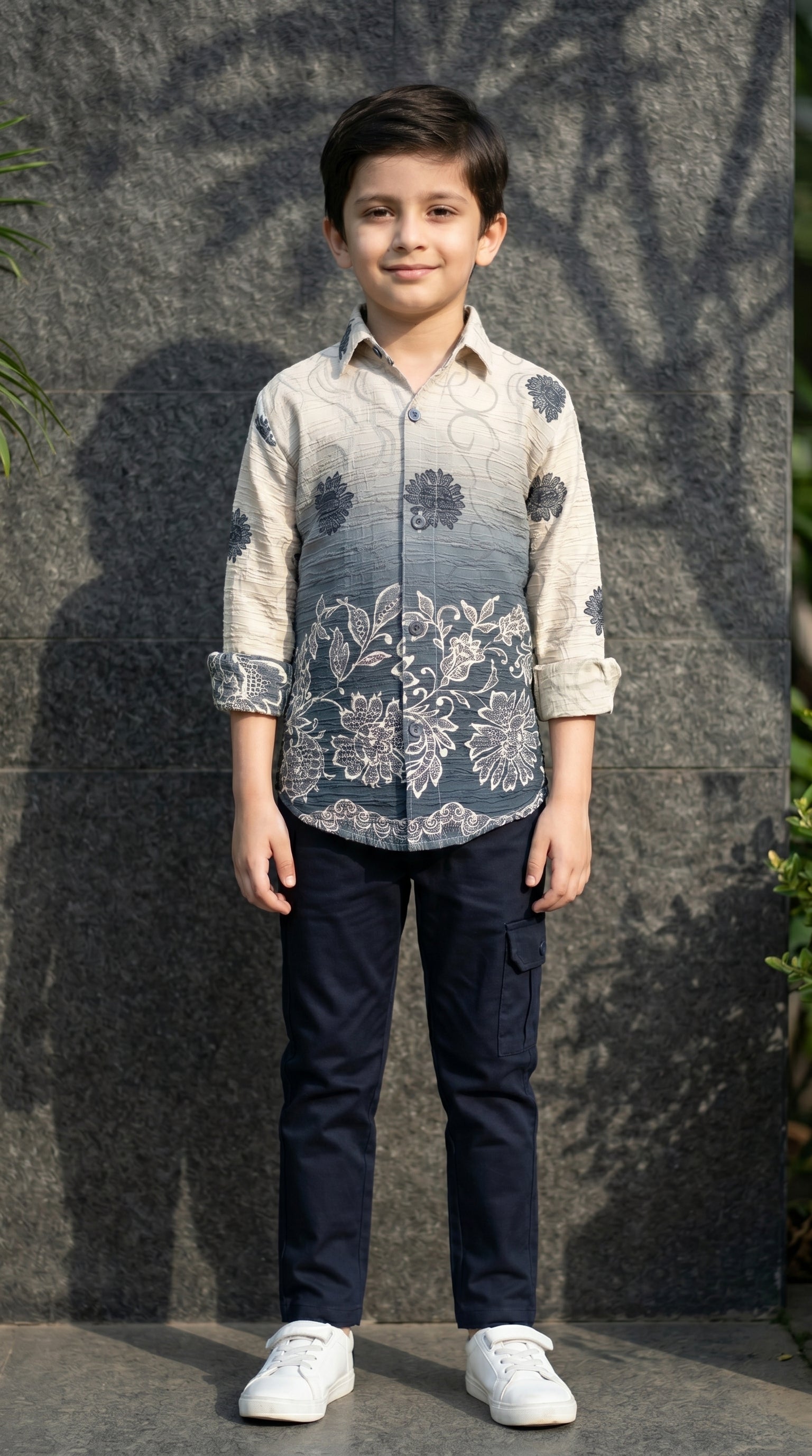 Ahhaaaa Boys Designer Textured Ombre Floral Shirt & Cargo Pant Set - Blue, Grey, Purple (2-8 Years)
