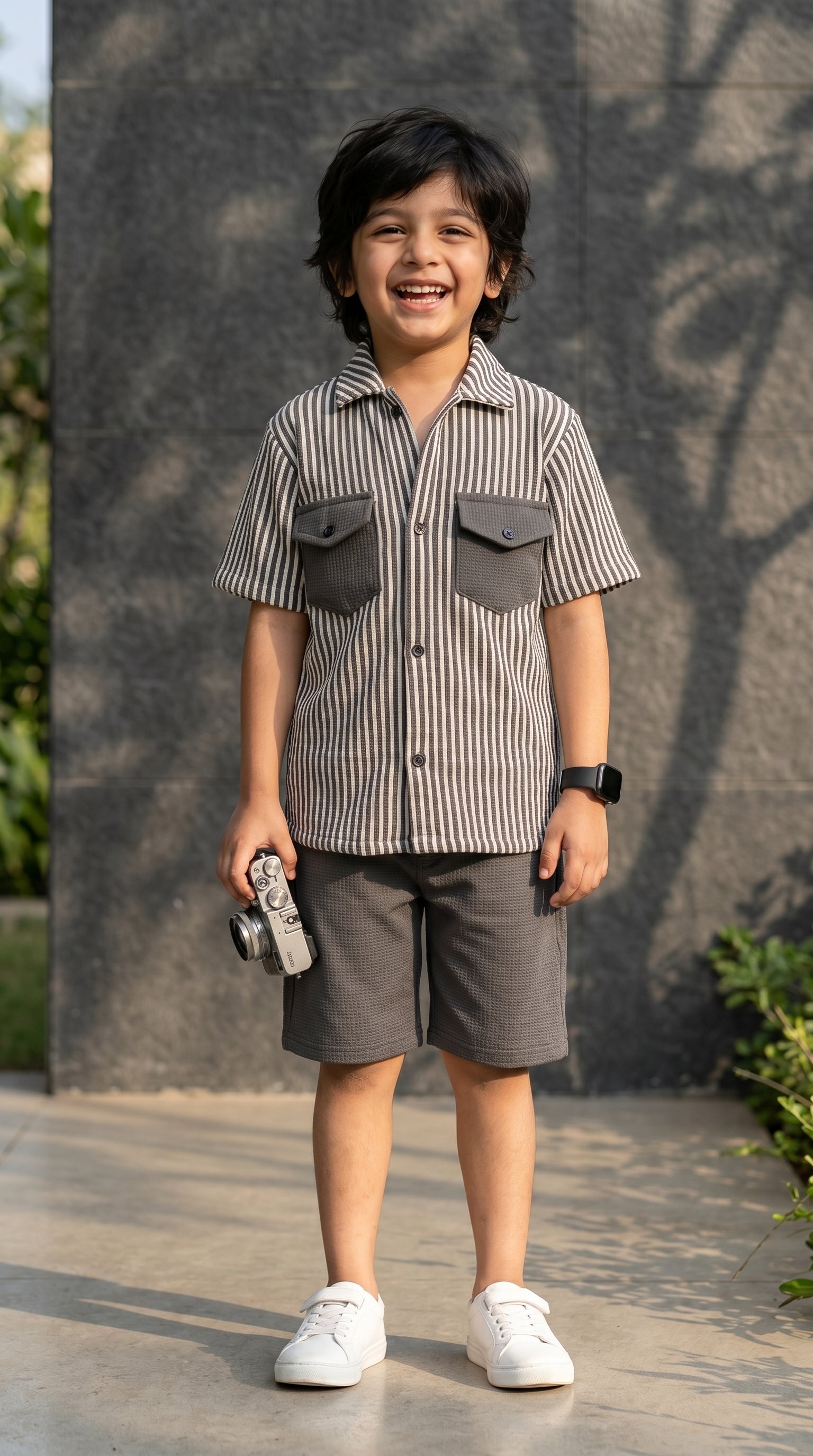 Ahhaaaa Boys 2-Piece Striped Textured Co-ord Set - Shirt & Shorts (Green, Pink, Grey)