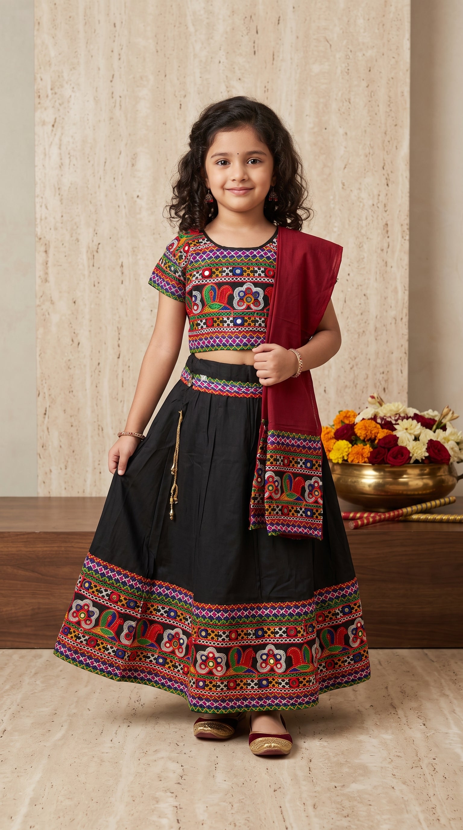 Ahhaaaa Girls' Traditional Embroidered Navratri Chaniya Choli | Festive Lehenga Blouse & Dupatta 3-Piece Set
