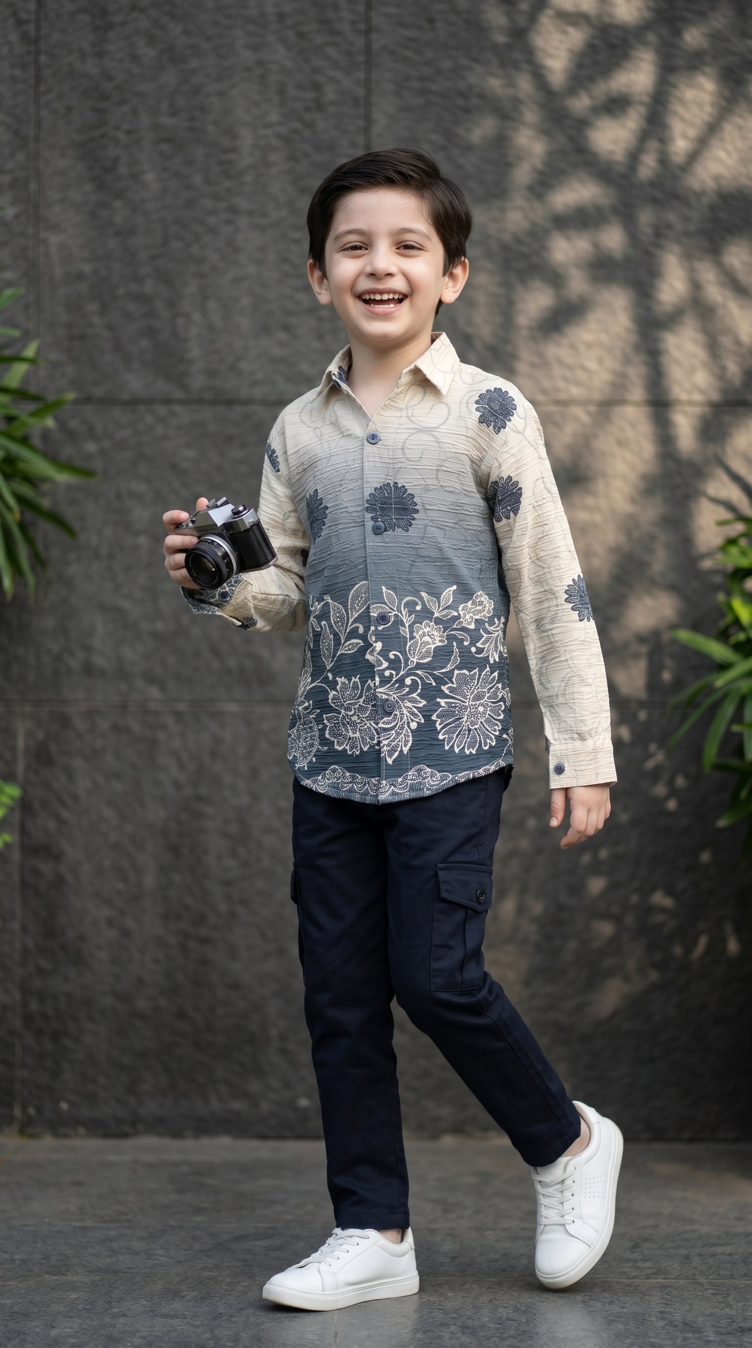 Ahhaaaa Boys Designer Textured Ombre Floral Shirt & Cargo Pant Set - Blue, Grey, Purple (2-8 Years)