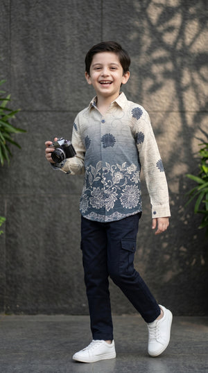 Ahhaaaa Boys Designer Textured Ombre Floral Shirt & Cargo Pant Set - Blue, Grey, Purple (2-8 Years)