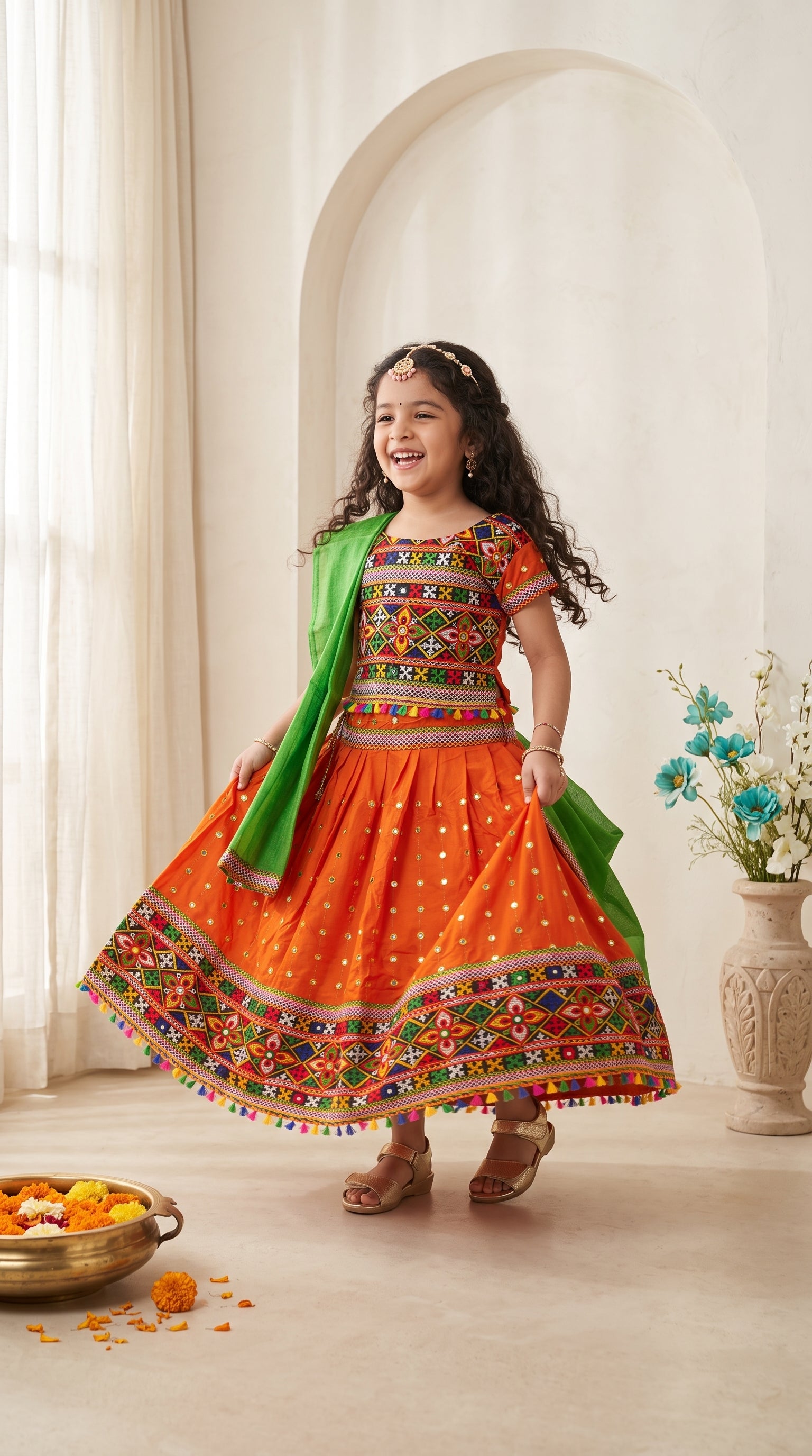 Ahhaaaa Girls' Traditional Dandiya Print Chaniya Choli | Festive Lehenga Blouse & Draped Dupatta 3-Piece Set