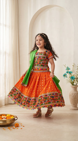 Ahhaaaa Girls' Traditional Dandiya Print Chaniya Choli | Festive Lehenga Blouse & Draped Dupatta 3-Piece Set