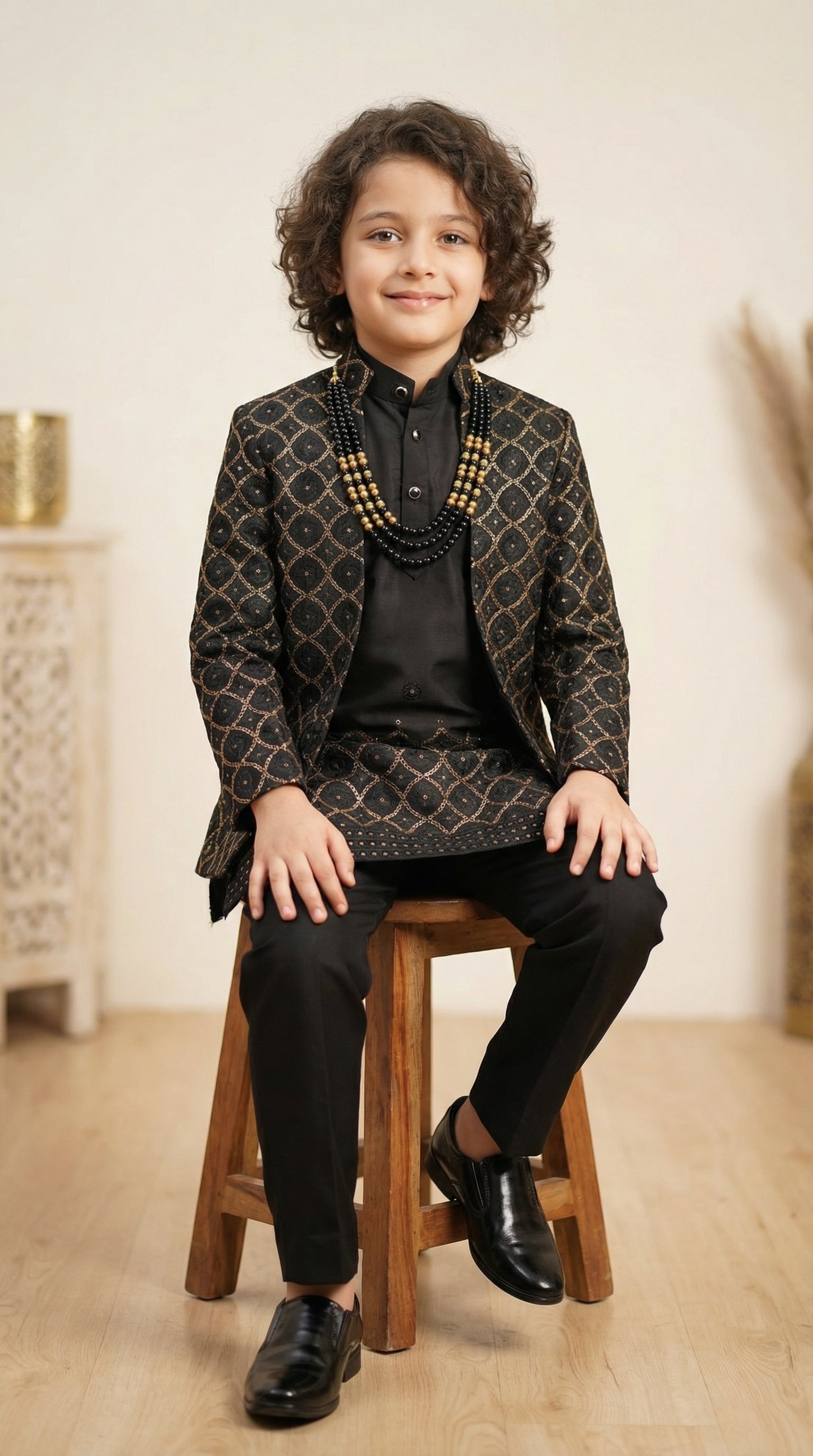 Ahhaaaa Boys 3-Piece Indo-Western Set with Embroidered Jacket & Kurta - Black, Pink, White (2-11 Years)