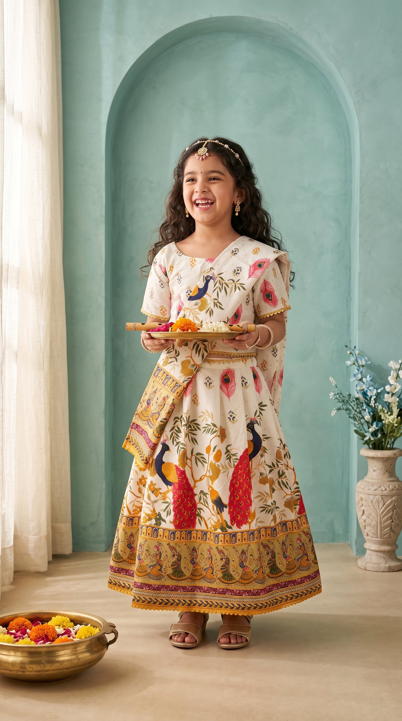 Ahhaaaa Girls' Peacock Kalamkari Print Chaniya Choli | Festive Lehenga Blouse & Draped Dupatta 3-Piece Set