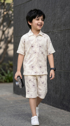 Ahhaaaa Boys 2-Piece Botanical Line-Art Co-ord Set - Shirt & Shorts (Green, Grey, Purple)
