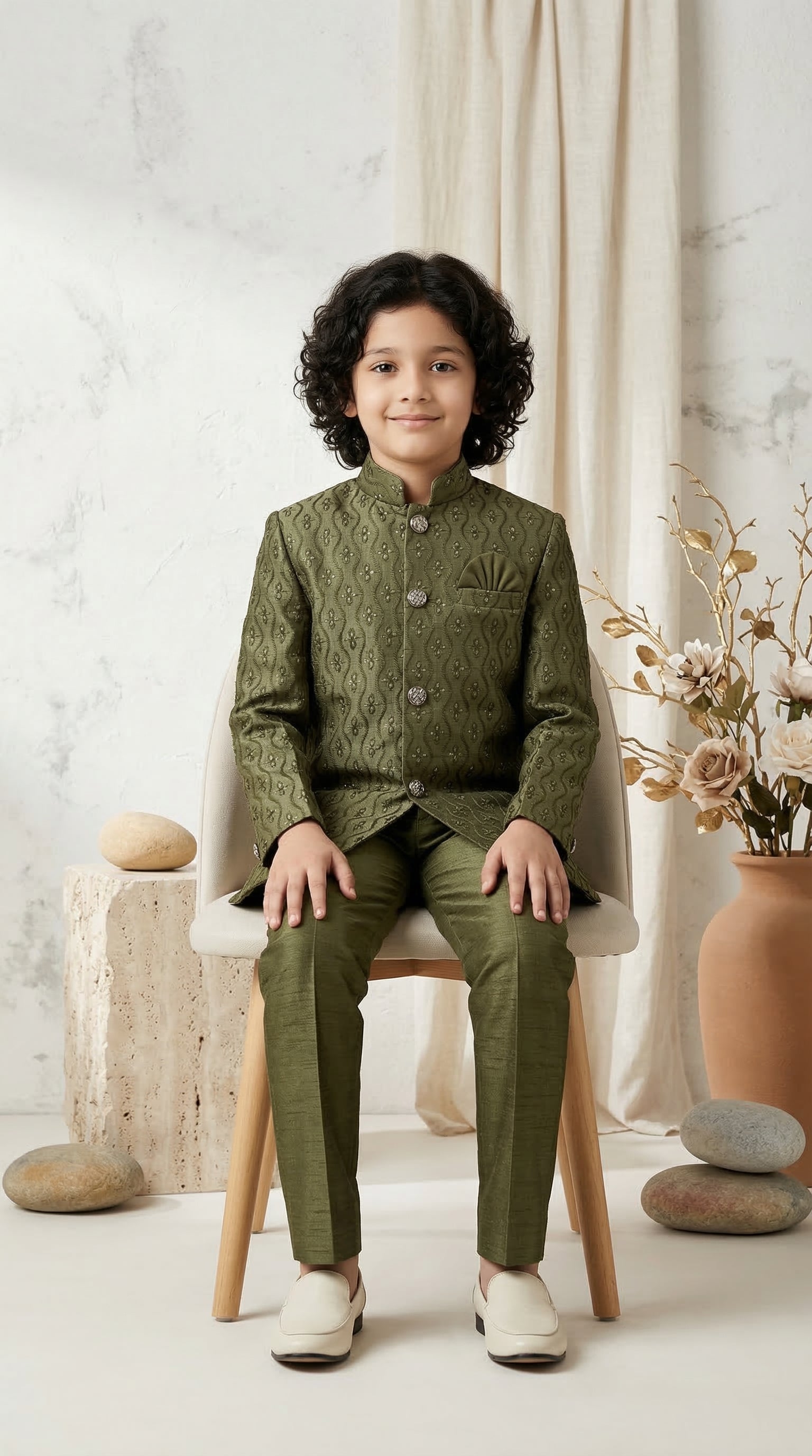 Ahhaaaa Boys Designer Jodhpuri Bandhgala Suit Set - Green, Pink, Cream (2-11 Years)