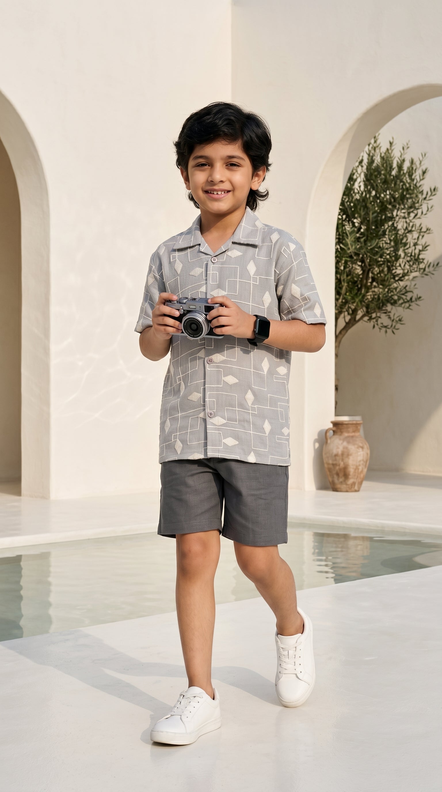 Ahhaaaa Boys 2-Piece Geometric Line-Art Co-ord Set - Brown, Green, Grey (2-12 Years)
