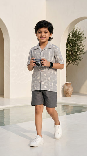 Ahhaaaa Boys 2-Piece Geometric Line-Art Co-ord Set - Brown, Green, Grey (2-12 Years)