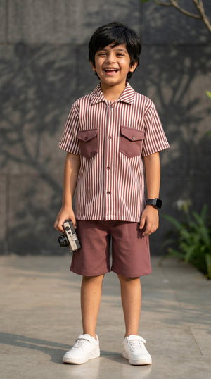 Ahhaaaa Boys 2-Piece Striped Textured Co-ord Set - Shirt & Shorts (Green, Pink, Grey)