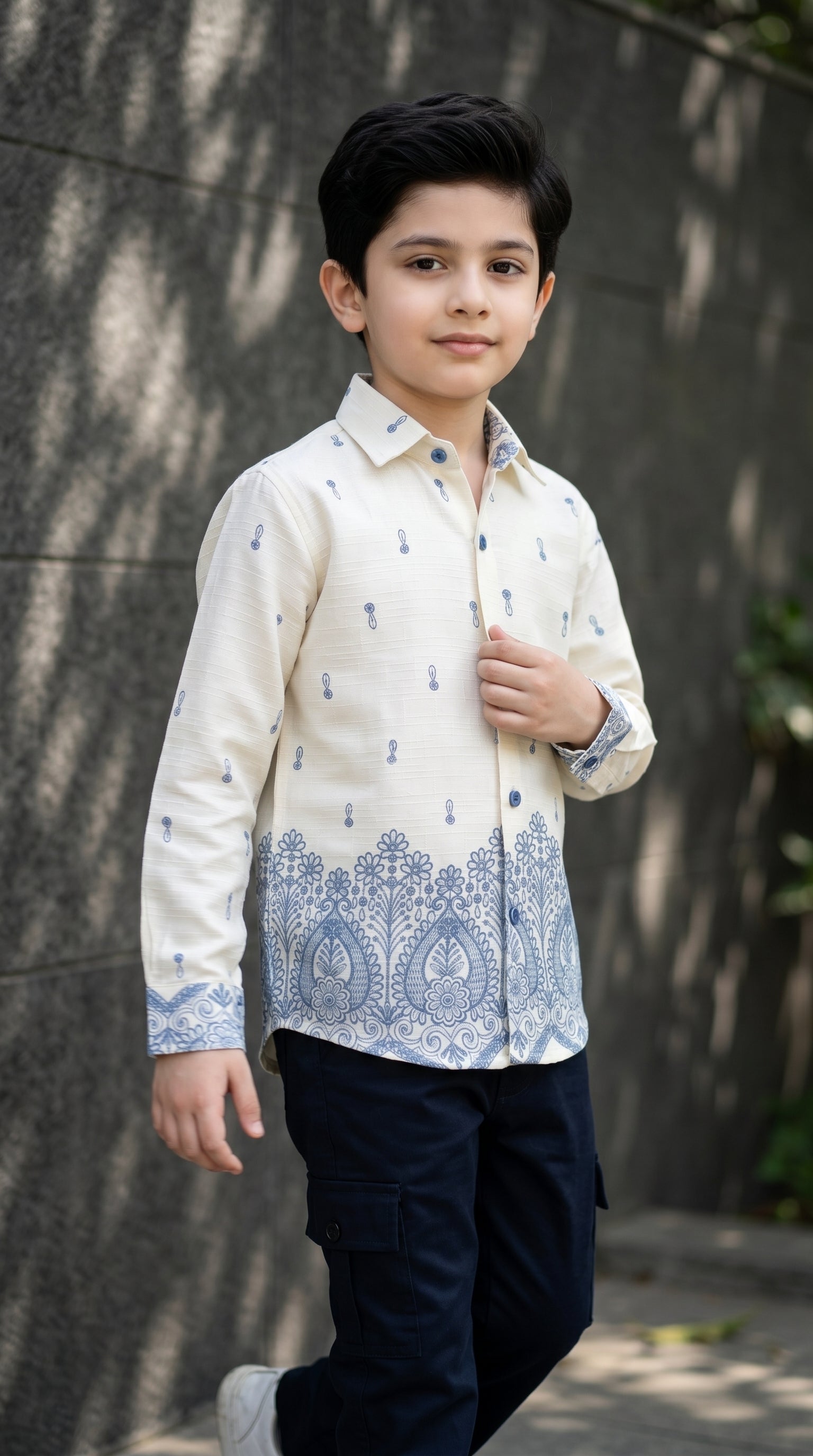 Ahhaaaa Boys Designer Paisley Print Shirt & Cargo Pant Set - Blue, Brown, Pink (2-8 Years)