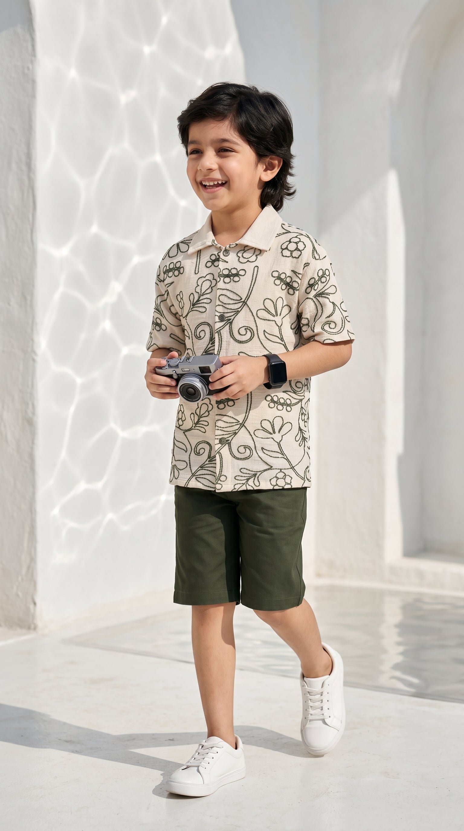 Ahhaaaa Boys 2-Piece Embroidered Floral Vine Co-ord Set - Brown, Green, Grey (2-12 Years)