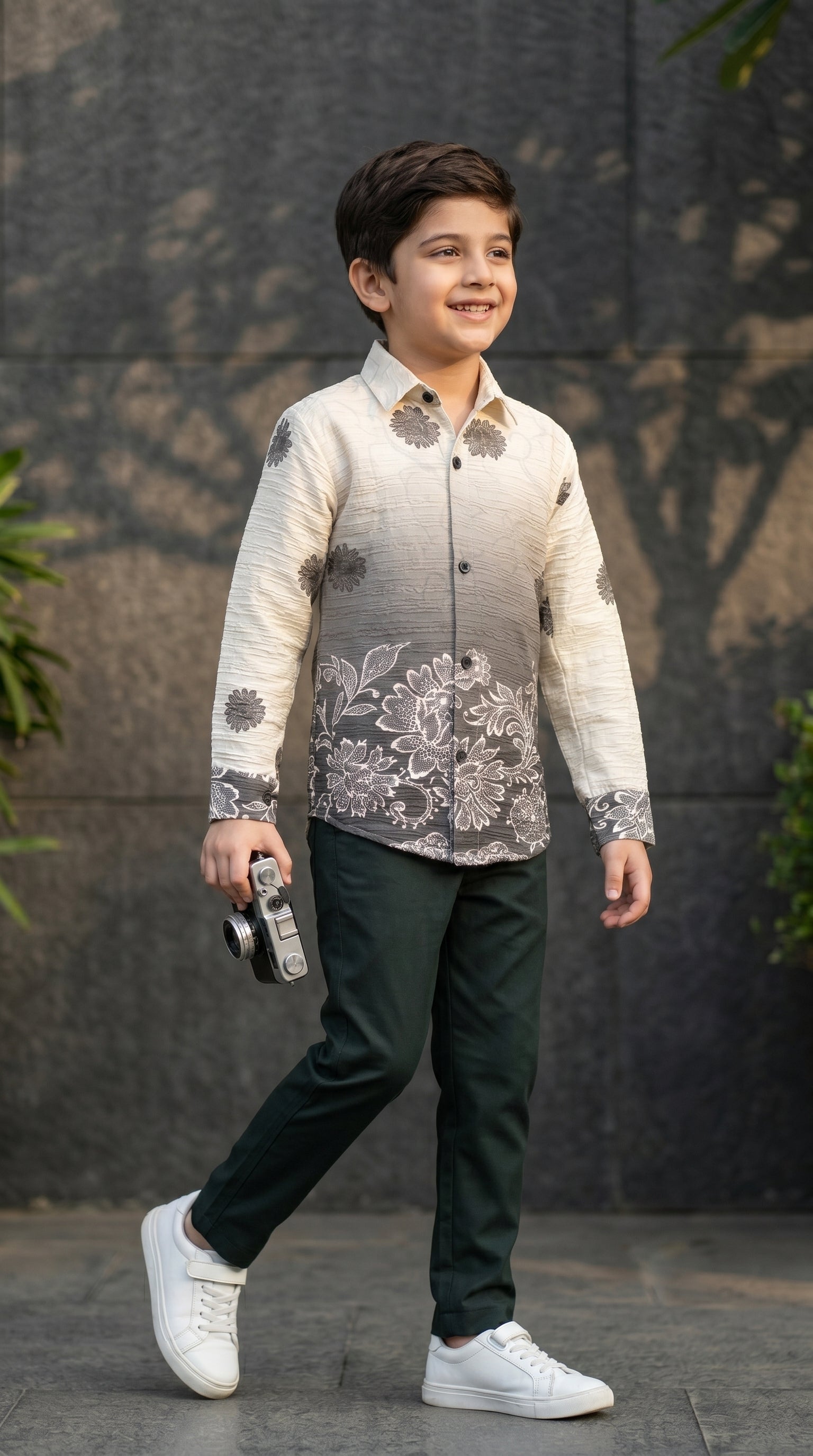 Ahhaaaa Boys Designer Textured Ombre Floral Shirt & Cargo Pant Set - Blue, Grey, Purple (2-8 Years)